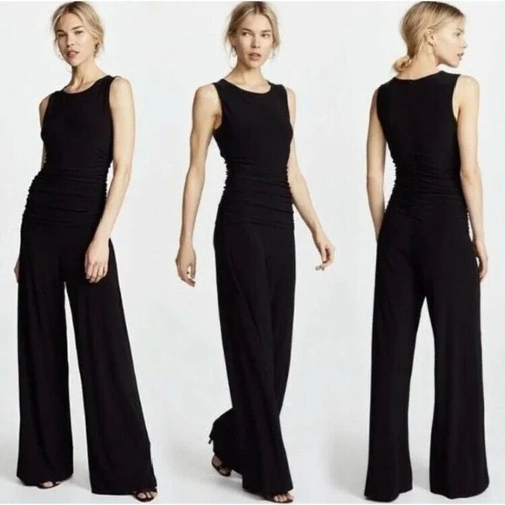 Norma Kamali shirred ruched waist sleeveless slinky jersey wide leg jumpsuit